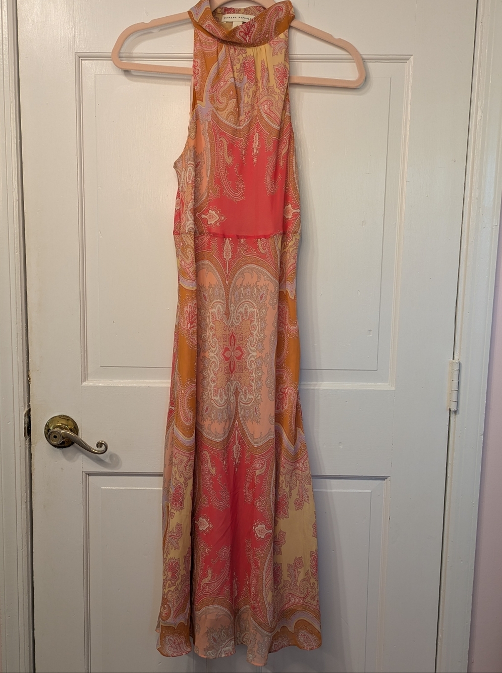 Banana Republic Halter High Neck Midi Dress in Coral Pink Peach Paisley Chiffon